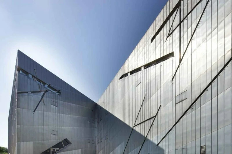 The zinc zigzag facade of the Jewish Museum, one of the most visited museums in Berlin, seen from Lindenstraße in Kreuzberg, Germany