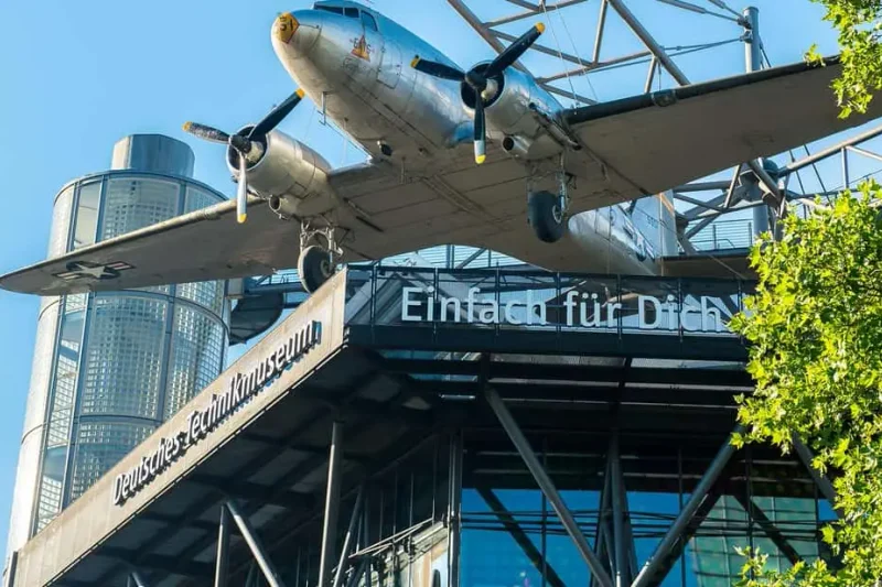 The glass roofed atrium of the Museum für Kommunikation, one of the most affordable museums in Berlin, Germany